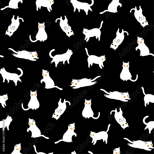 Cute White Cats Seamless Pattern on Black Background