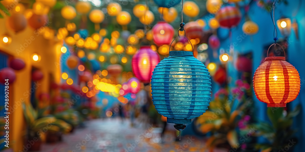 Obraz premium Various handcrafted lanterns in a range of colors suspended from a ceiling Festa Junina banner