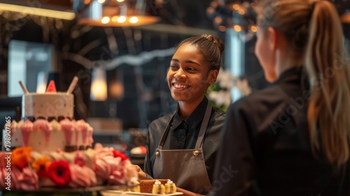 A hotel receptionist smiling while assisting a guest with a special occasion celebration, such as a birthday or anniversary. © G.Go