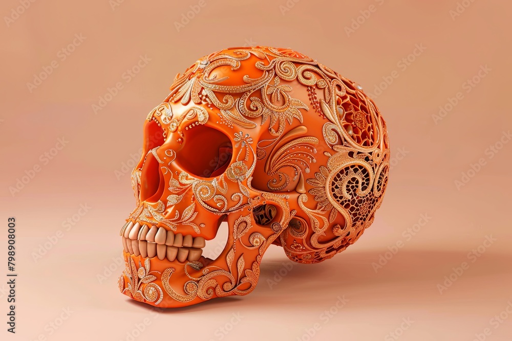 Intricate sugar skulls with filigree patterns 3D illustrations Intricate sugar skulls with filigree patterns 3D illustrations