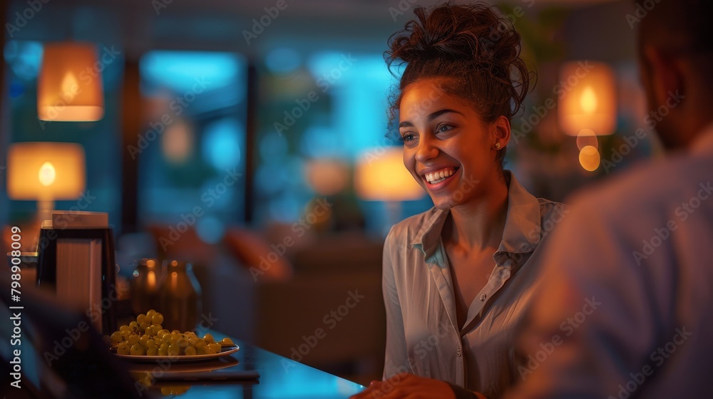 A woman with a smile on her face is standing in front of a green plant. She is wearing a black suit and a white shirt A woman with a smile on her face is standing in front of a green plant. She is wearing a black suit and a white shirt