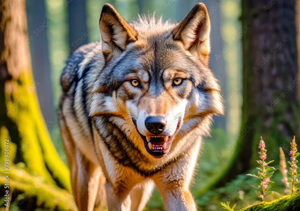 angry wolf showing his teeth .Gray wolf in the wild angry wolf showing his teeth .Gray wolf in the wild