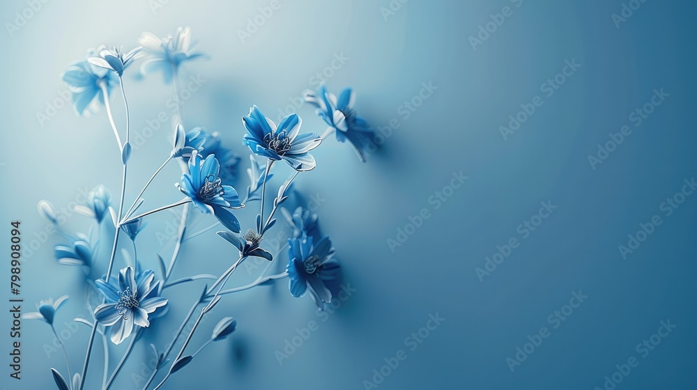 A simple blue background with a bouquet of flowers, minimalist style, mainly in blue tones. Generative AI. A simple blue background with a bouquet of flowers, minimalist style, mainly in blue tones. Generative AI.