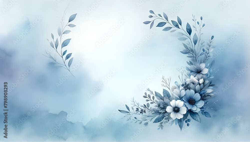Obraz premium A circular wreath composed entirely of blue flowers and green leaves. The flowers are small and delicate, with five petals each. The wreath sits on a solid blue background.