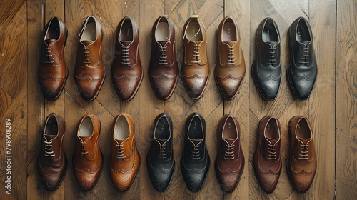 The image shows a row of four, possibly well-worn, work boots lined up in a row on a light colored wooden floor. The boots appear to be brown with some scuffing and wear and tear.