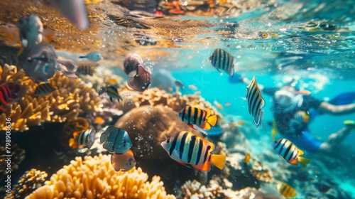 A group of tourists snorkeling in crystal-clear waters, exploring vibrant coral reefs teeming with colorful fish and marine life.