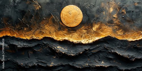Detailed gold coin painting against a solid black background banner photo