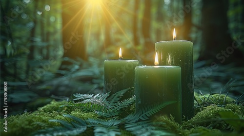 There are 3 green colored candles in the forest, fern leaves next to them, rays of sunlight shining through. Generative AI.