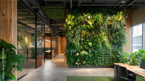 Building hallway adorned with abundant plants, trees, and lush greenery © AlexanderD