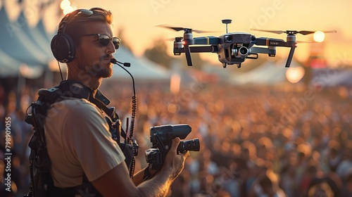 Using a drone, a security agent sees the large crowd in the background. Generative AI. © visoot
