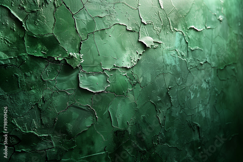 Close-up view of a green wall with peeling paint, showcasing its texture and decay photo