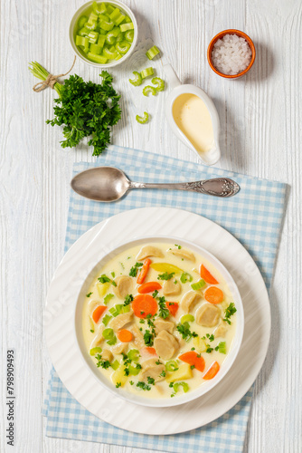 Knoephla soup, german dumpling soup in a bowl