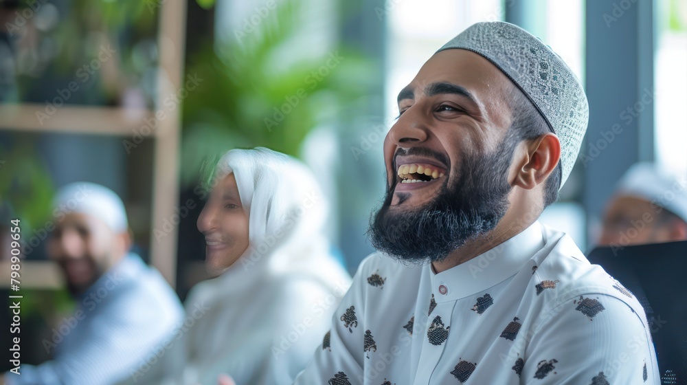 Close up view of the friendly smiling expression of an adult Muslim man wearing a taqiyah head hat Close up view of the friendly smiling expression of an adult Muslim man wearing a taqiyah head hat