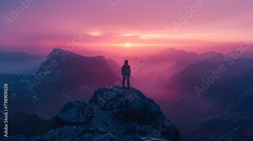 Lone explorer stands between peaks, overlooking the vast twilight-draped valleys