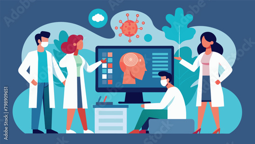 In a medical research facility a team of scientists huddle around a computer screen analyzing data from a new neurodevice that measures brain activity.