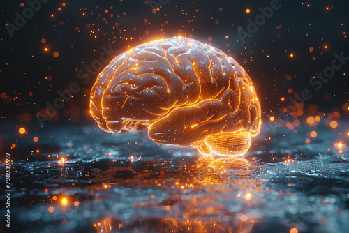 A glowing brain floating in the middle of water