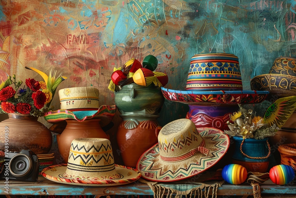Traditional Mexican sombrero hats arranged in vibrant still life compositions