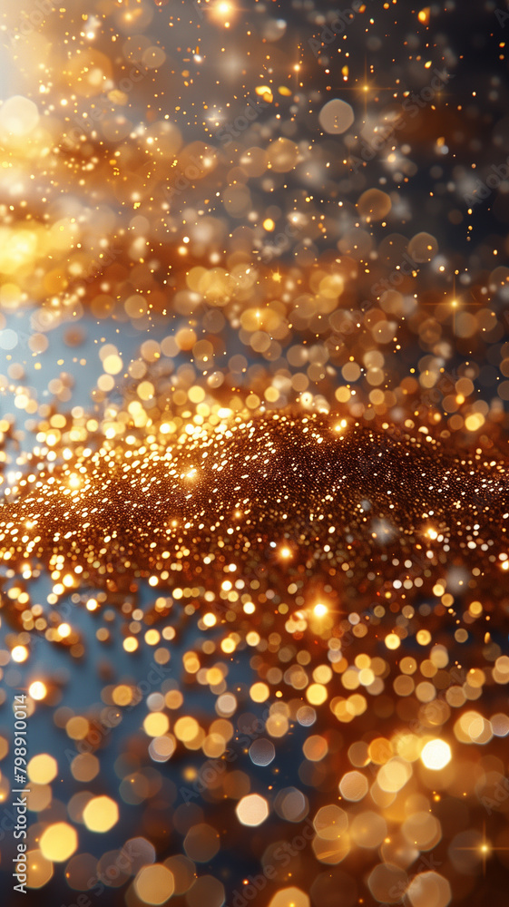 A blurry view of sparkling gold glitter scattered on a blue surface vertical background A blurry view of sparkling gold glitter scattered on a blue surface vertical background