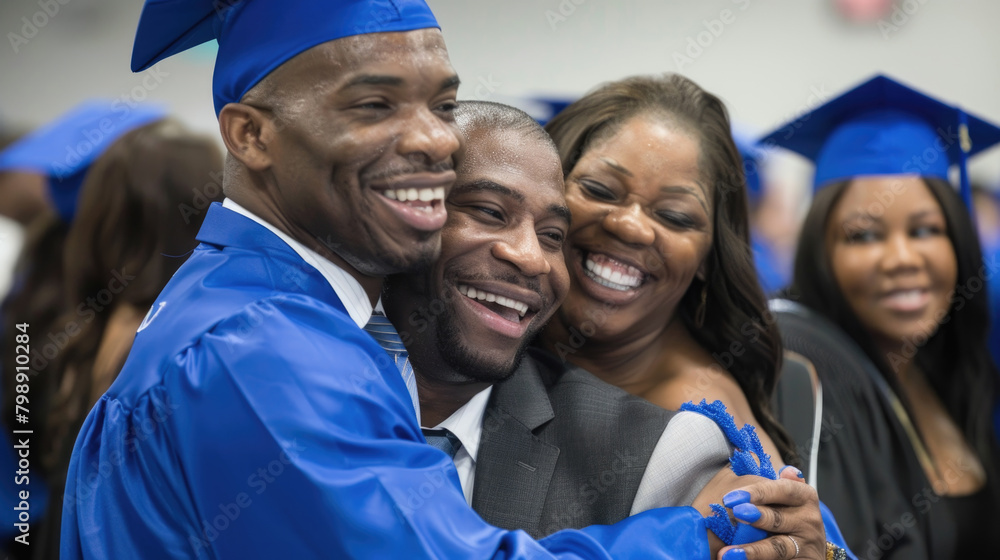 A graduate in a blue cap and gown shares a warm embrace with family at a graduation ceremony A graduate in a blue cap and gown shares a warm embrace with family at a graduation ceremony
