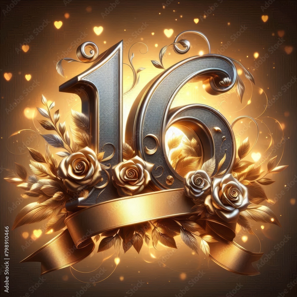 Joyful Golden Number 16 Celebration with Roses