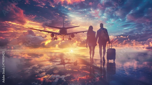 A couple is walking on a path with a suitcase and an airplane in the background