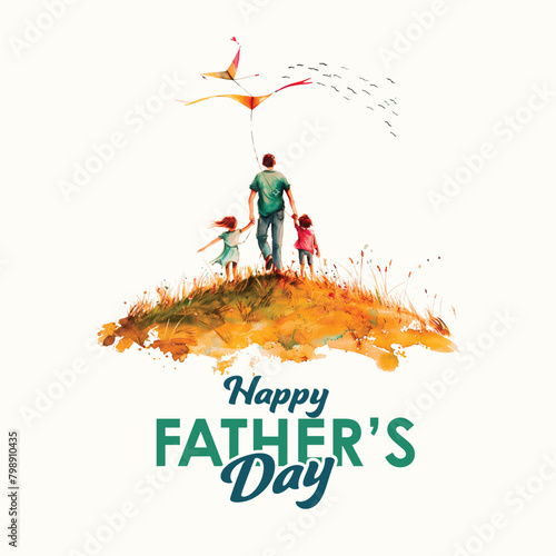 Father flying a kite with his children. Happy Father's Day.

