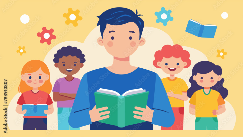 A young boy with autism confidently reading a book aloud to his classmates showing how he has worked to improve his communication skills.. Vector illustration A young boy with autism confidently reading a book aloud to his classmates showing how he has worked to improve his communication skills.. Vector illustration