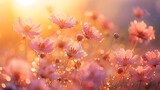 Delicate flowers in a dreamy field, petals glistening with dew and bathed in the ethereal light of a setting sun.