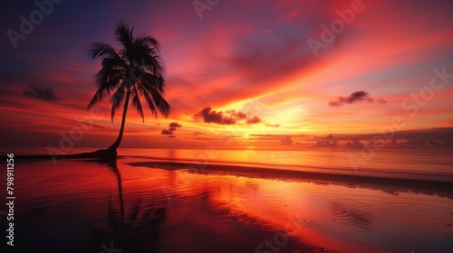 A lone palm tree silhouetted against a vibrant sunset sky, casting a striking image on a deserted tropical beach. © Plaifah