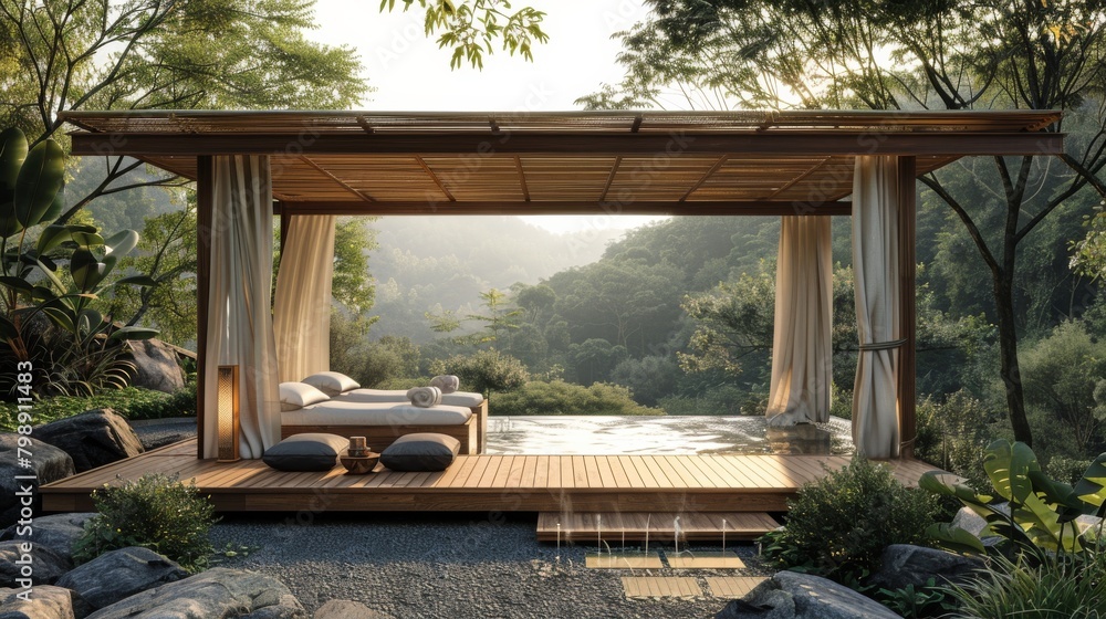 An outdoor massage pavilion overlooking a natural landscape, offering guests a serene retreat for relaxation and rejuvenation.