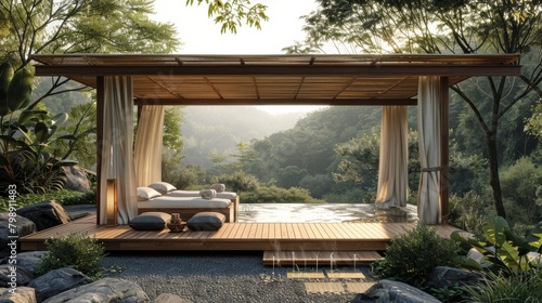 An outdoor massage pavilion overlooking a natural landscape, offering guests a serene retreat for relaxation and rejuvenation. © G.Go