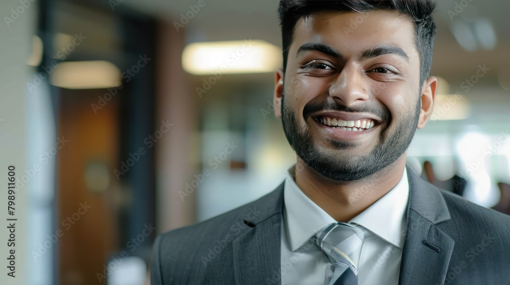 Fototapeta premium Close up view of the face of a young middle eastern Muslim man smiling kindly.