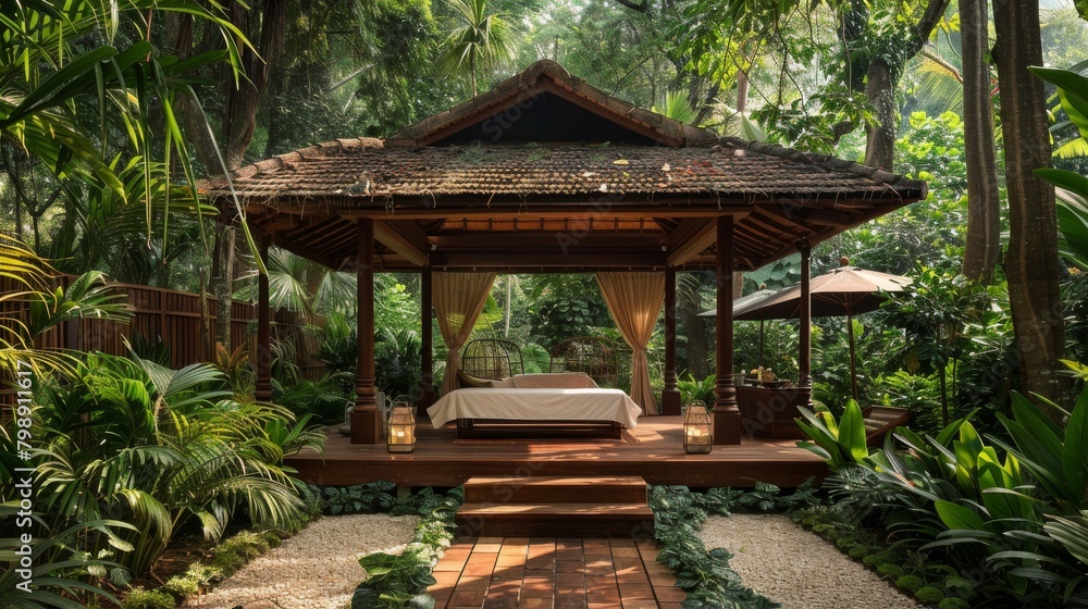 An outdoor Thai massage pavilion set against a backdrop of tropical foliage, providing guests with a serene space for traditional healing therapies. An outdoor Thai massage pavilion set against a backdrop of tropical foliage, providing guests with a serene space for traditional healing therapies.