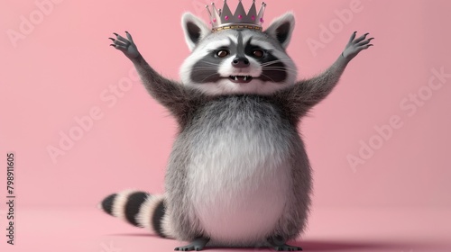 A cartoon raccoon with a crown on his head is standing on a yellow background photo