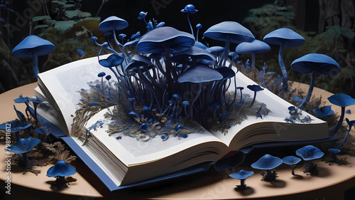 An open book sitting on top of a table, intricate alien botanicals, an indigo forest in Japan, Artsation contest winner, Jenny Savile, swarming with insects, inspired by Jeonseok Lee, made of mushroom photo