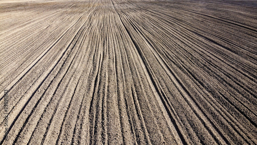 Plowed agricultural field, aerial view. Agricultural land. Background.
