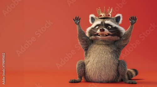 A cartoon raccoon with a crown on his head is standing on a yellow background photo