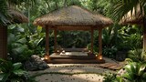 An outdoor Thai massage pavilion set against a backdrop of tropical foliage, providing guests with a serene space for traditional healing therapies.