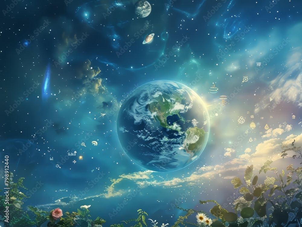 Earth from space with a beautiful blue atmosphere and stars in the background Earth from space with a beautiful blue atmosphere and stars in the background