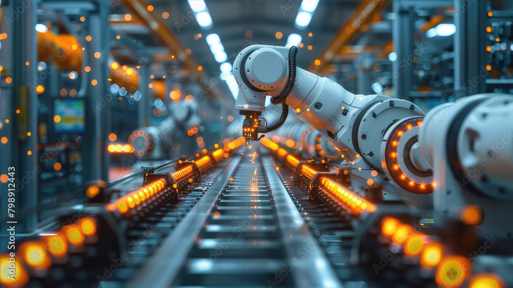 Robotic arm in electric blue working on conveyor belt in factory Robotic arm in electric blue working on conveyor belt in factory