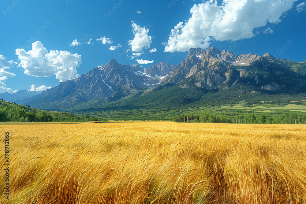 A wheat field stretches under mountain peaks in the distance