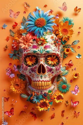 High-resolution 3D render of a Mexican skull adorned with flowers on an orange background