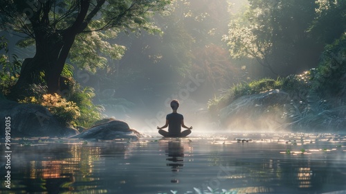A person meditating in a peaceful outdoor setting, starting their day with mindfulness and relaxation. © G.Go