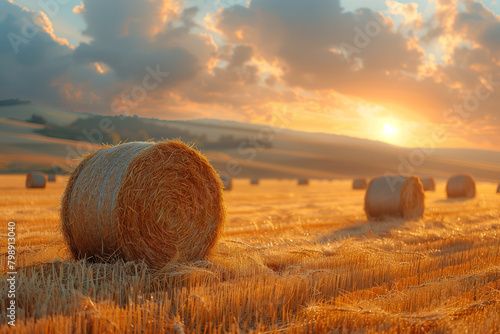 Bales of hay scattered in a field under the warm hues of a sunset