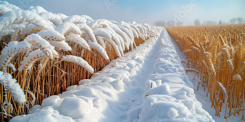 A field of wheat stalks covered in snow during winter an abnormal phenomenon banner photo