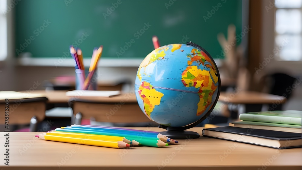 A world ball, school books, pencils, coloured pencils, and an out-of-focus chalkboard in the background are all present on the school table. elementary schooling and returning to the classroom A world ball, school books, pencils, coloured pencils, and an out-of-focus chalkboard in the background are all present on the school table. elementary schooling and returning to the classroom