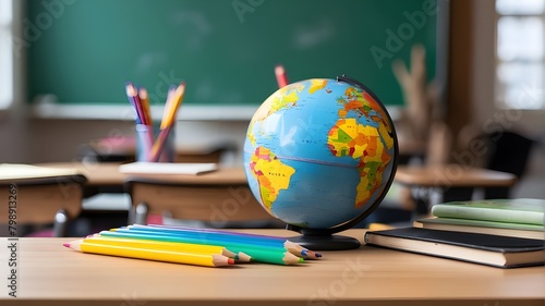 A world ball, school books, pencils, coloured pencils, and an out-of-focus chalkboard in the background are all present on the school table. elementary schooling and returning to the classroom