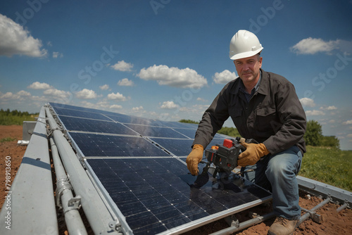 An engineer installs solar panels. The concept of green energy.