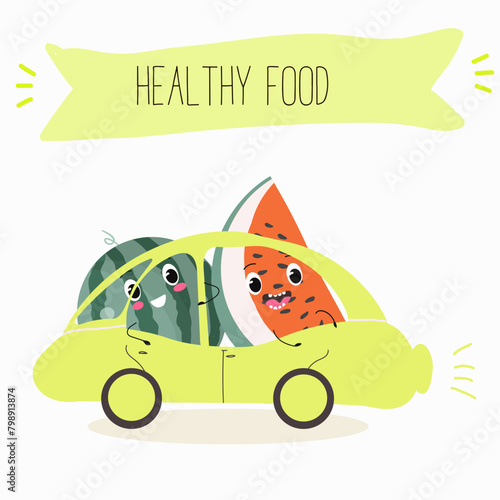Cute watermelon characters, funny fruits, funny berry with different activities. Flat vector illustration. Organic food, healthy food, illustrations for kids menu, invitations.