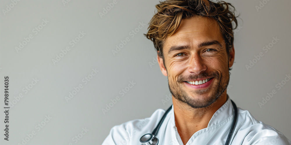 Obraz premium A male doctor smiles while holding a stethoscope, against a white background
